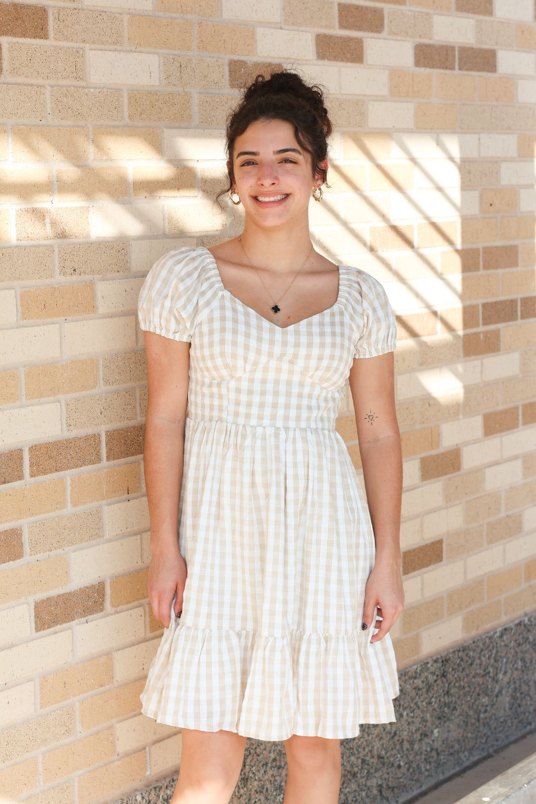 Beige Gingham Dress