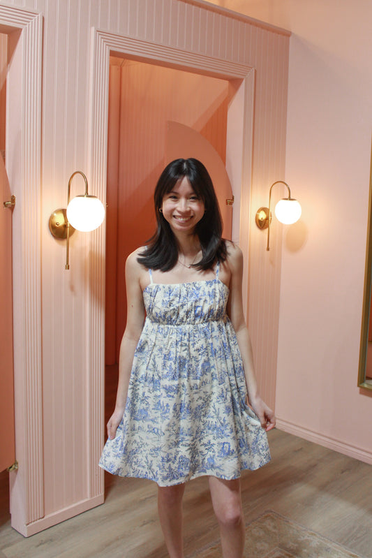 Cream and Blue Toile Pattern Dress
