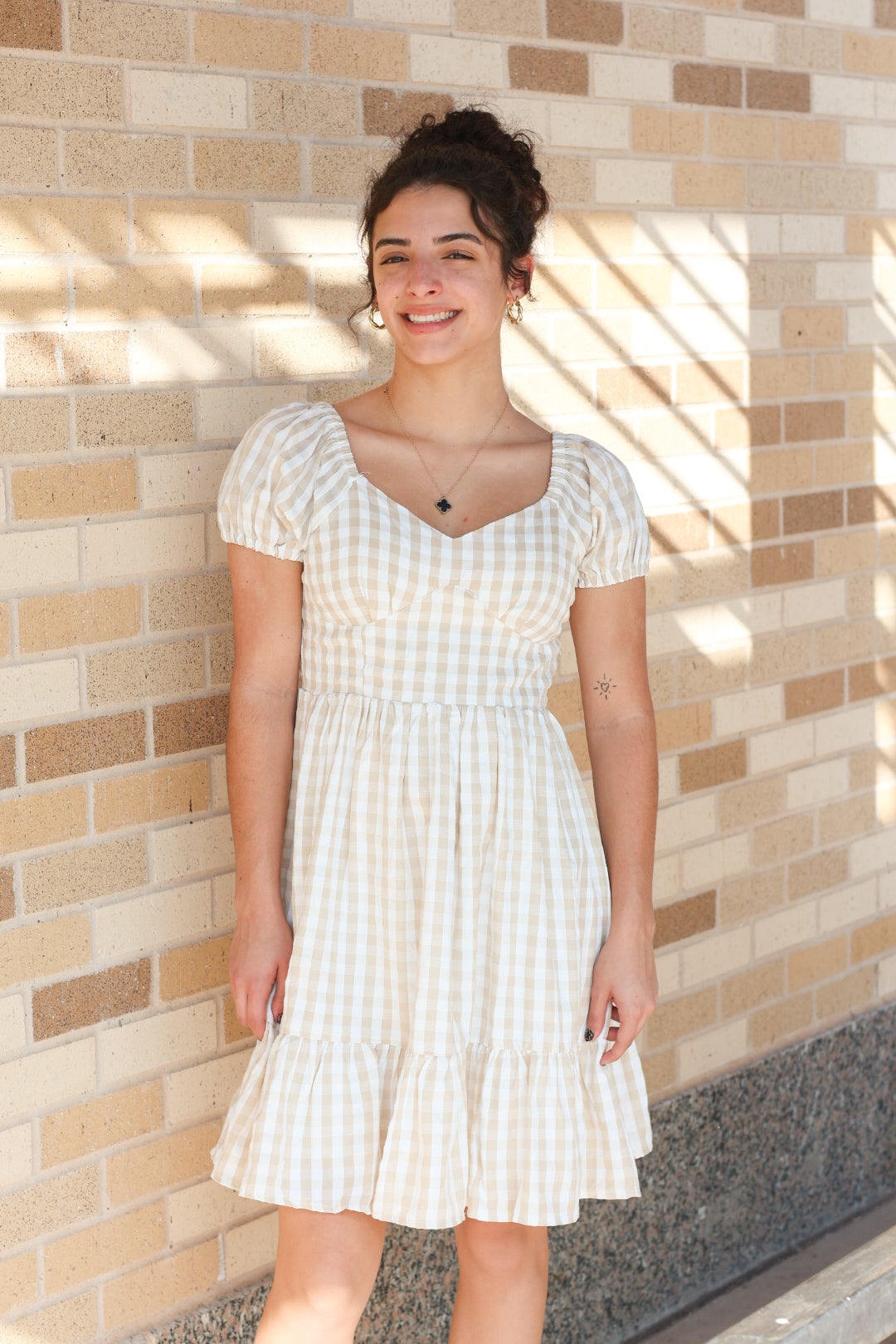 Beige Gingham Dress