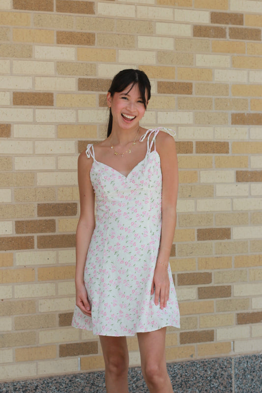 White Floral Tie Strap Dress