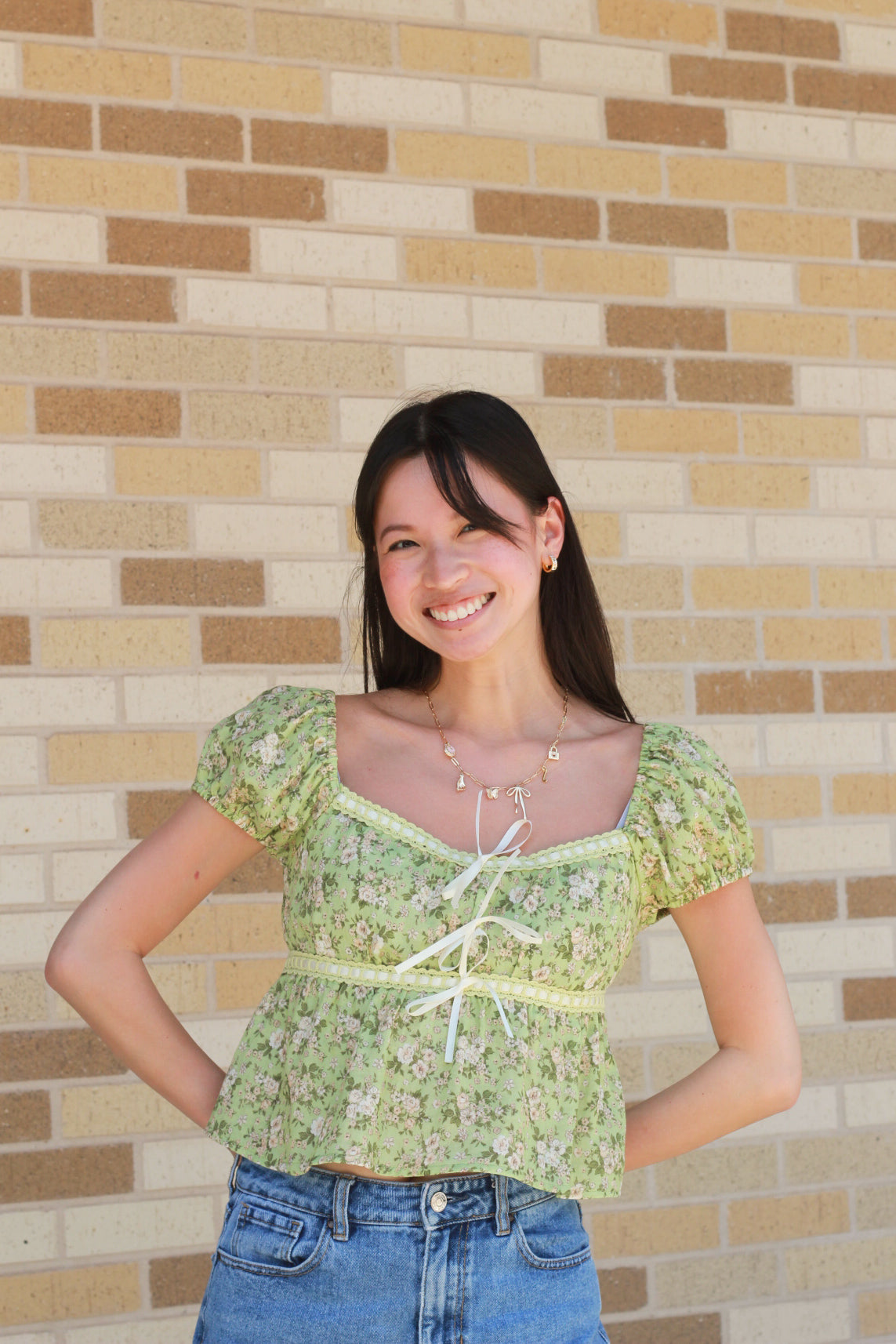 Green Floral Bow Top