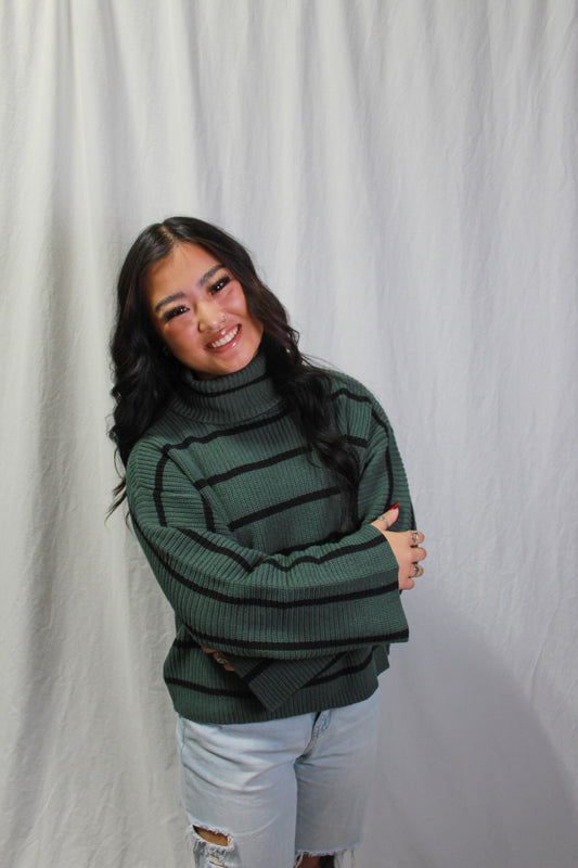 Green Stripe Turtleneck Sweater