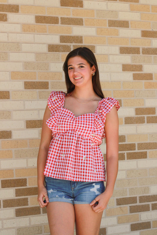 Embroidered Checkered Top