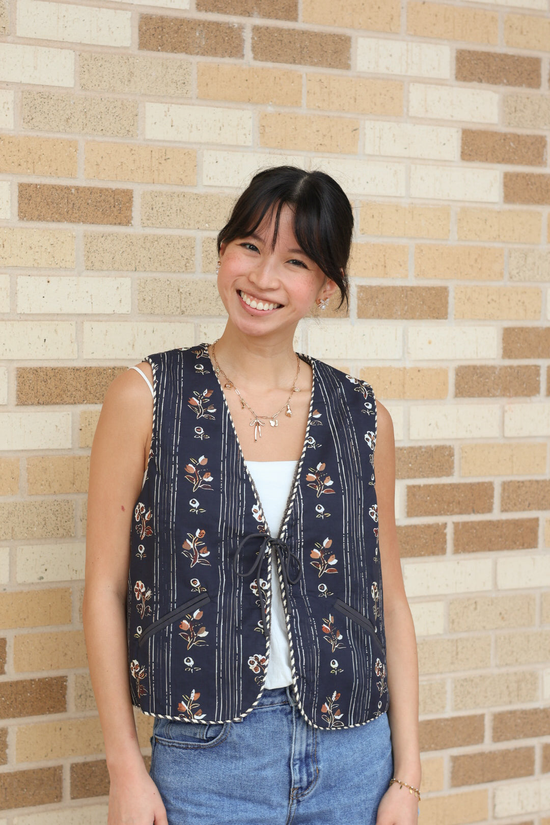 Navy Sherpa Floral Vest