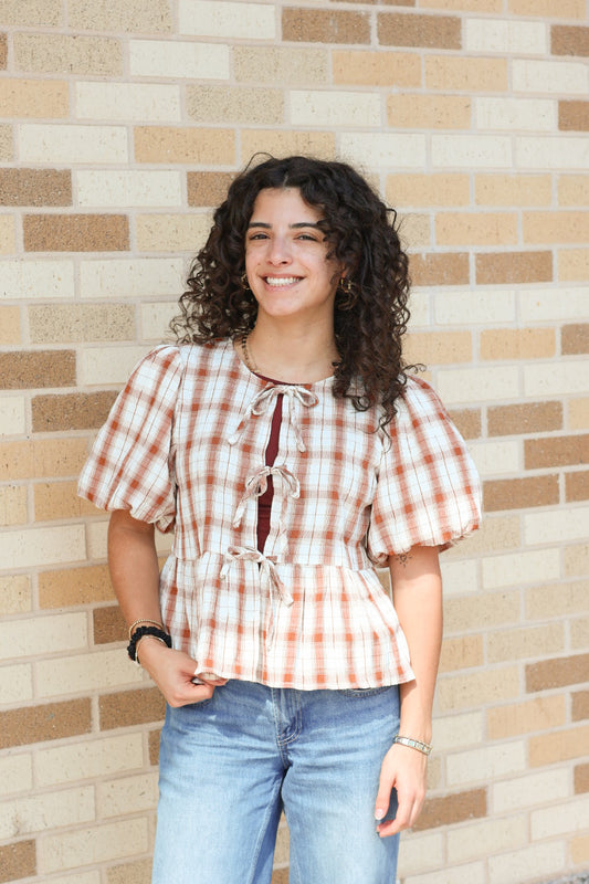 Brown Plaid Puff Sleeve Top