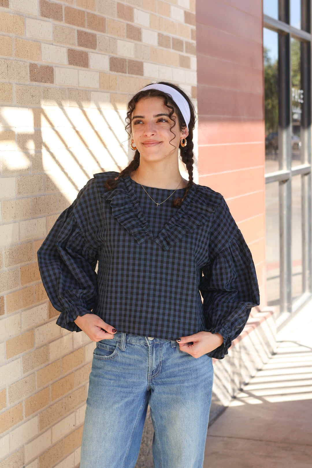 Navy Gingham Ruffle Top