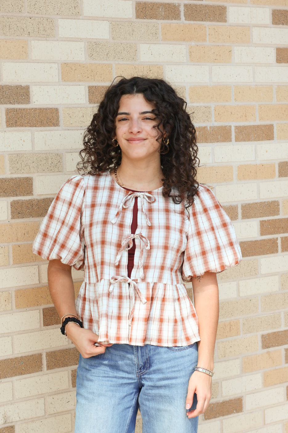 Brown Plaid Puff Sleeve Top