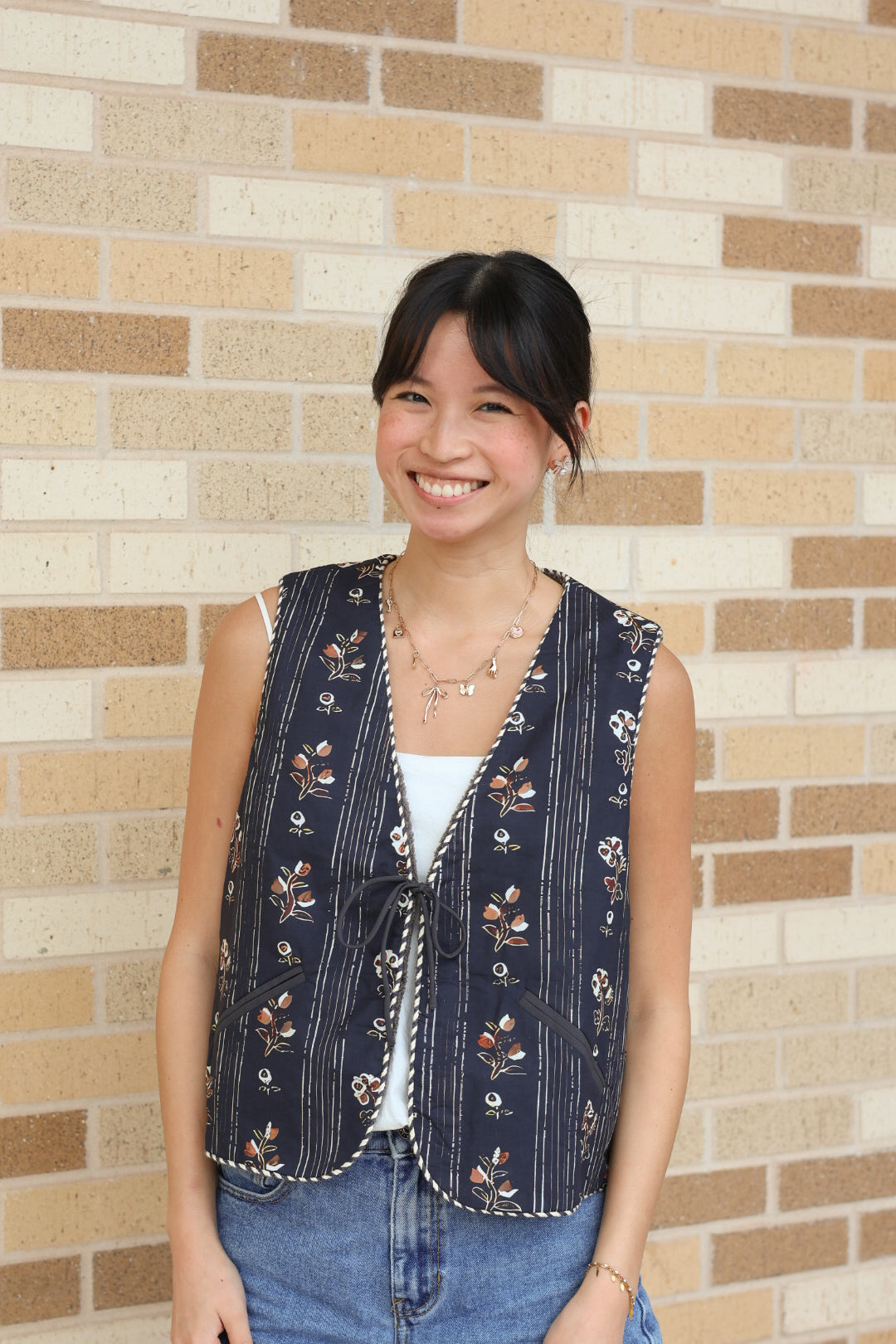 Navy Sherpa Floral Vest