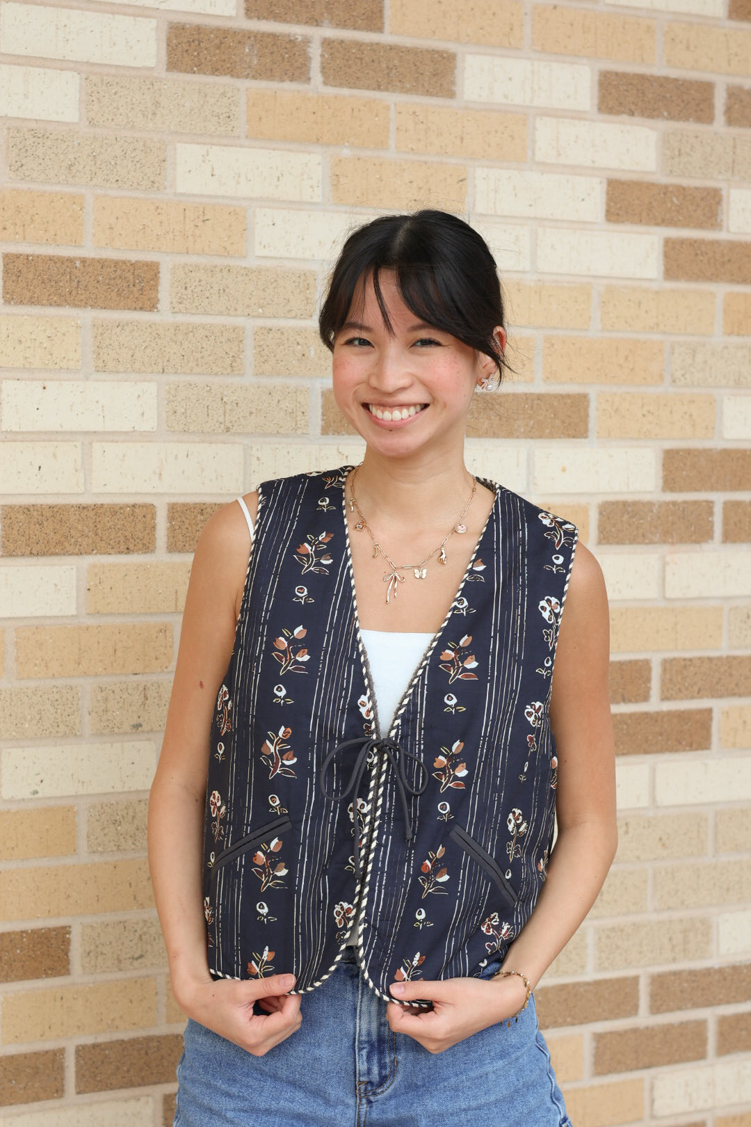 Navy Sherpa Floral Vest