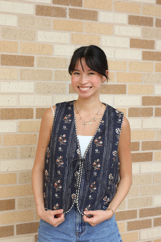 Navy Sherpa Floral Vest