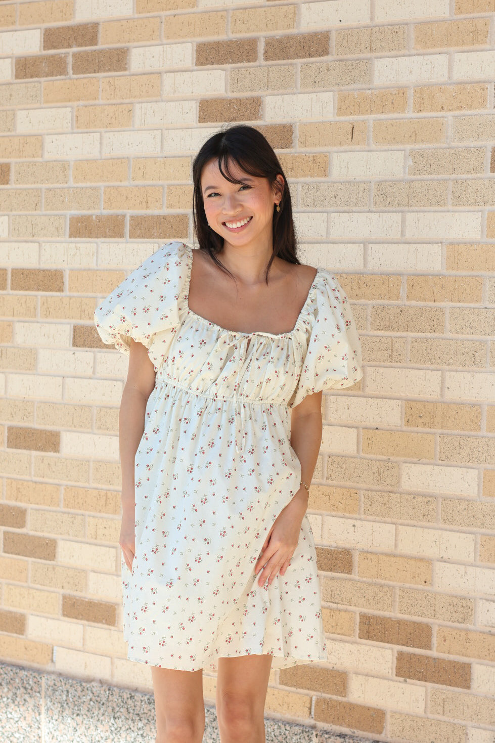 Cream Floral Bubble Sleeve Dress