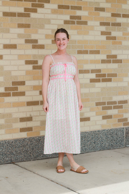 Floral Pink Bow Midi Dress