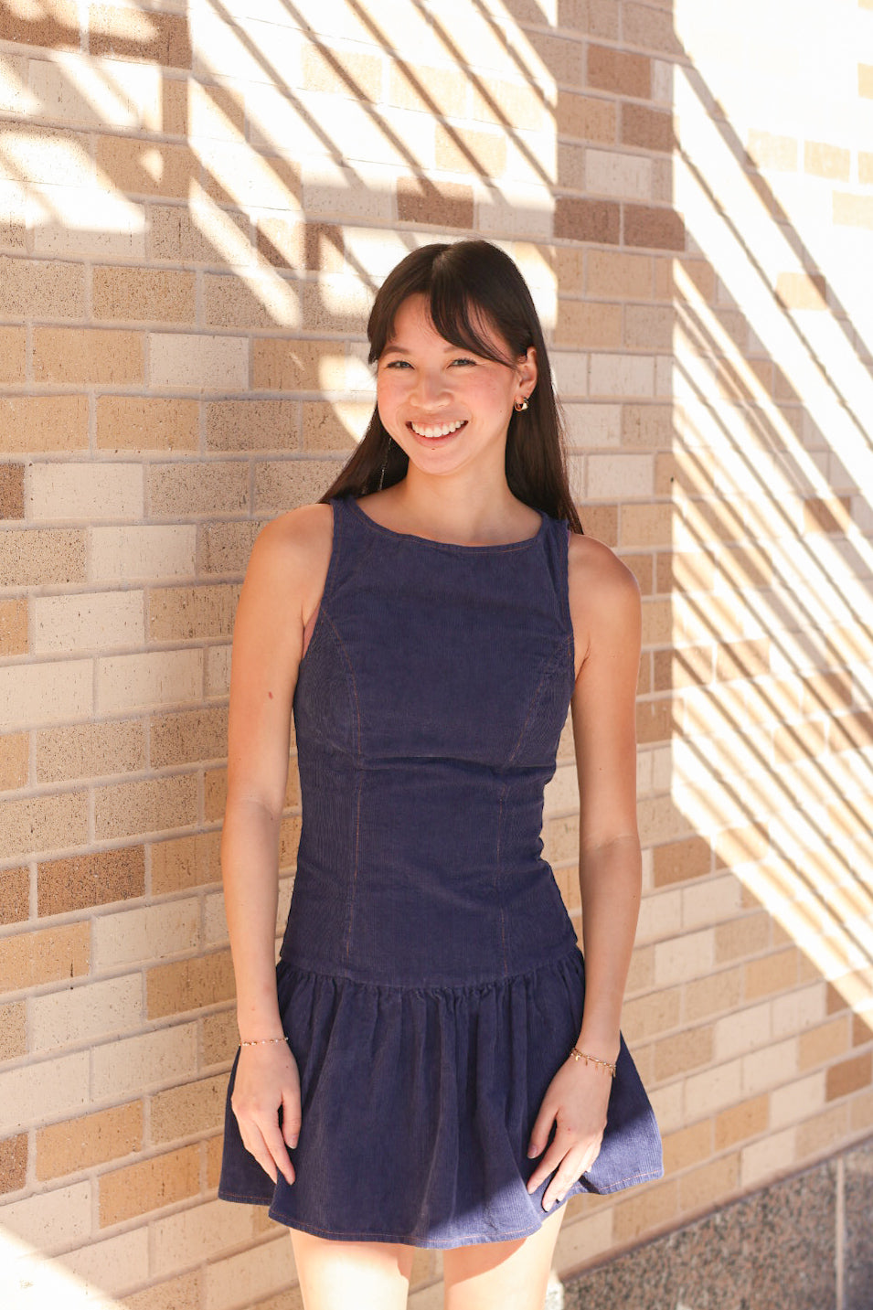 Navy Corduroy Boat Neck Dress