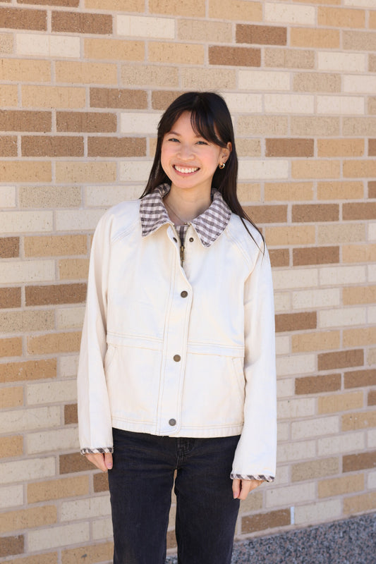 Cream Plaid Trim Jacket