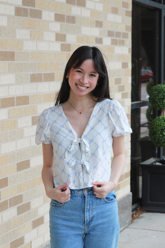 White and Blue Bow Blouse