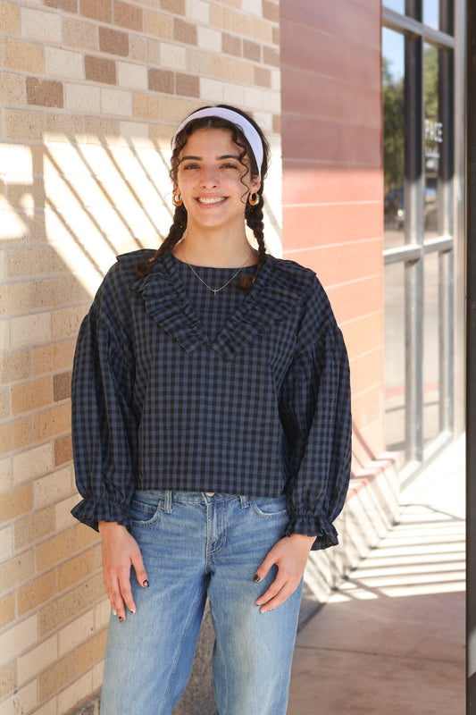 Navy Gingham Ruffle Top