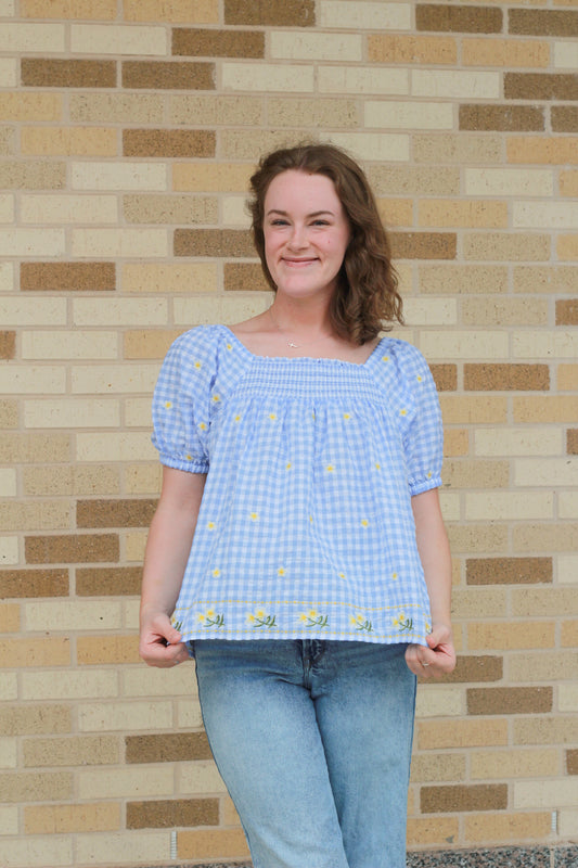 Blue Gingham Embroidered Blouse