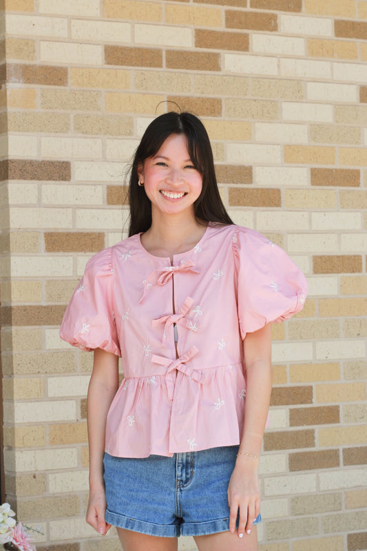 Bow Embroidered Puff Sleeve Top