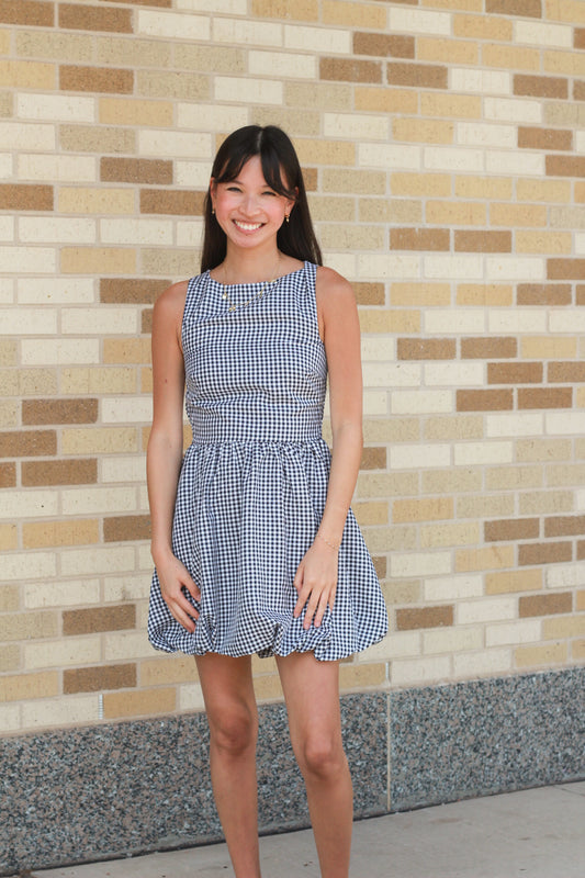 Navy Checkered Bubble Dress