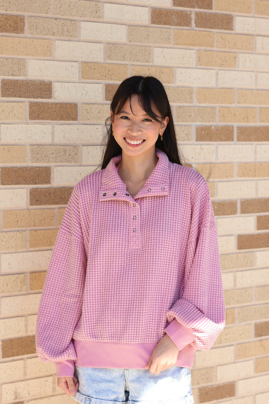Pink Henley Waffle Sweatshirt