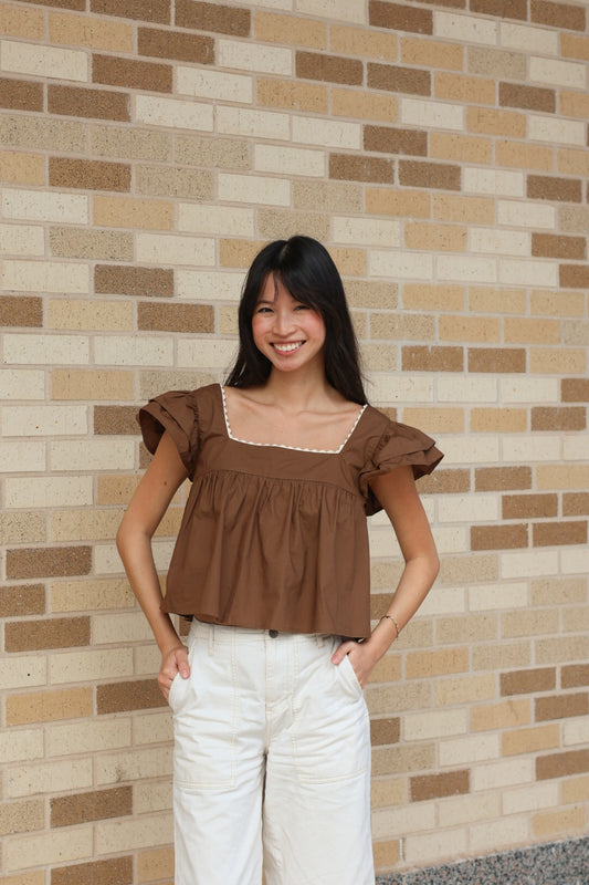 Brown Ruffle Sleeve Top