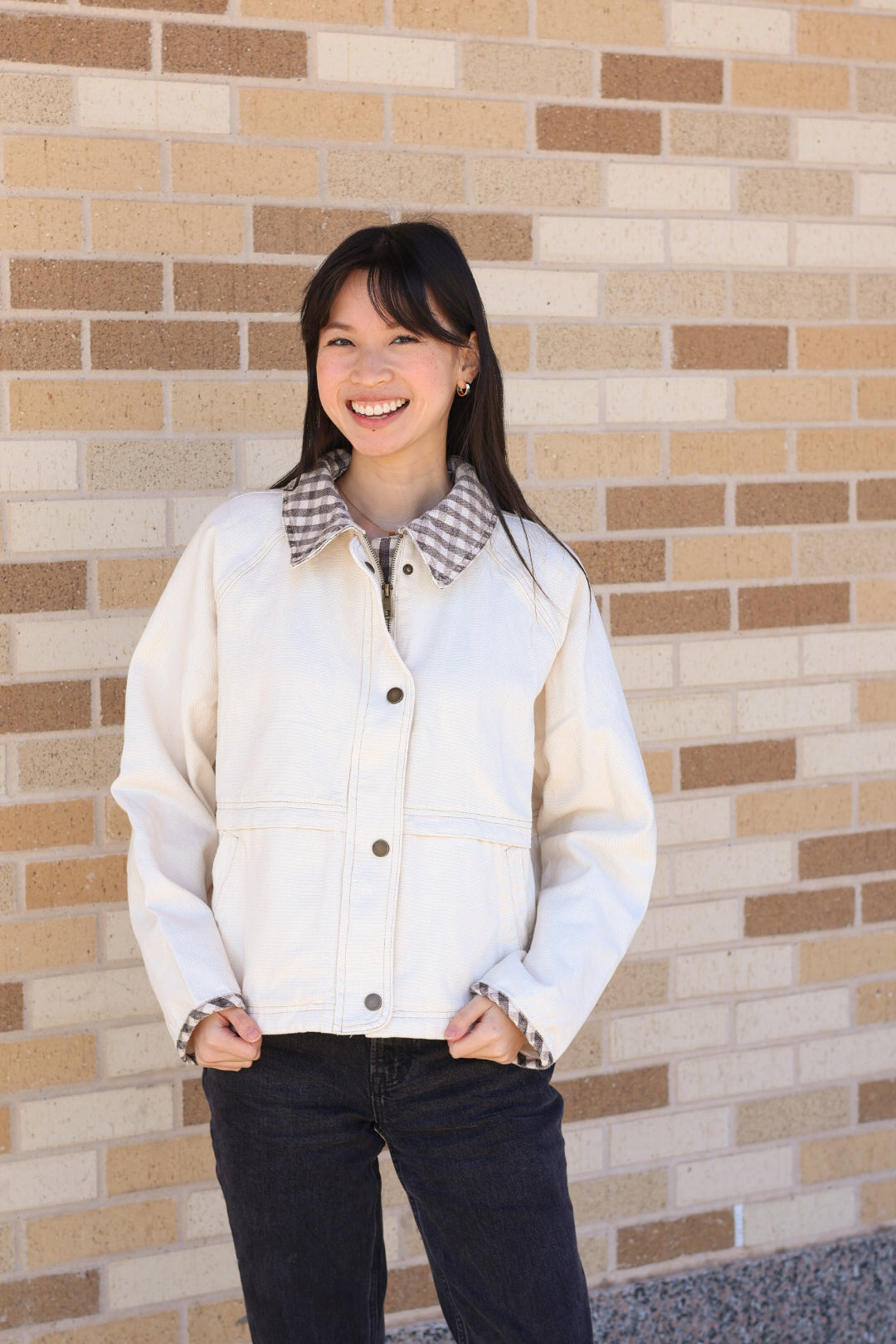 Cream Plaid Trim Jacket