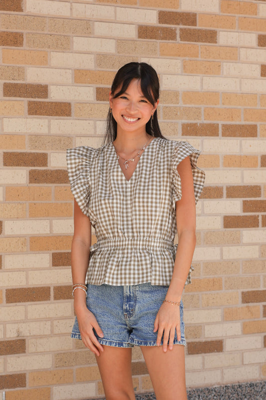 Olive Gingham Top