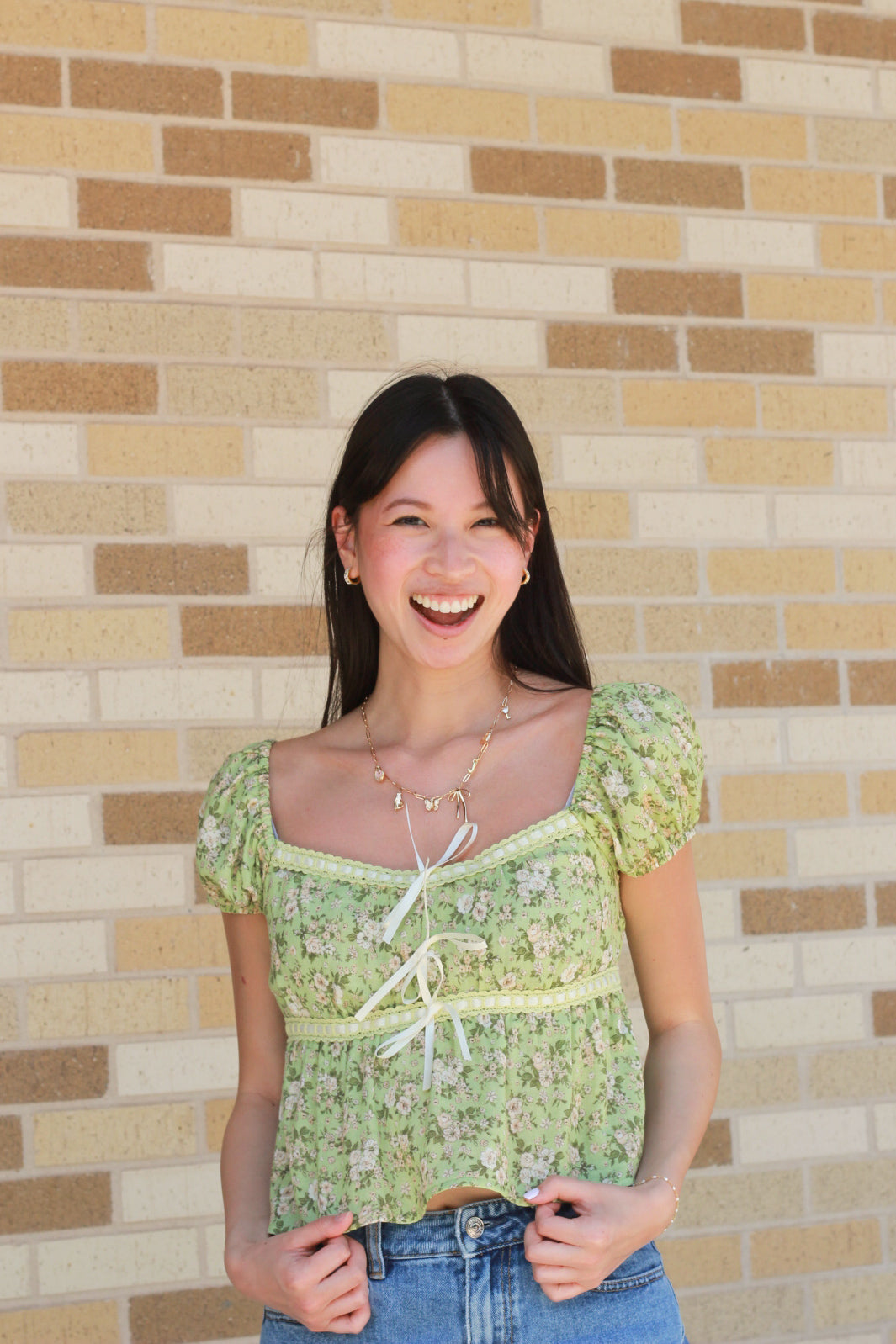 Green Floral Bow Top