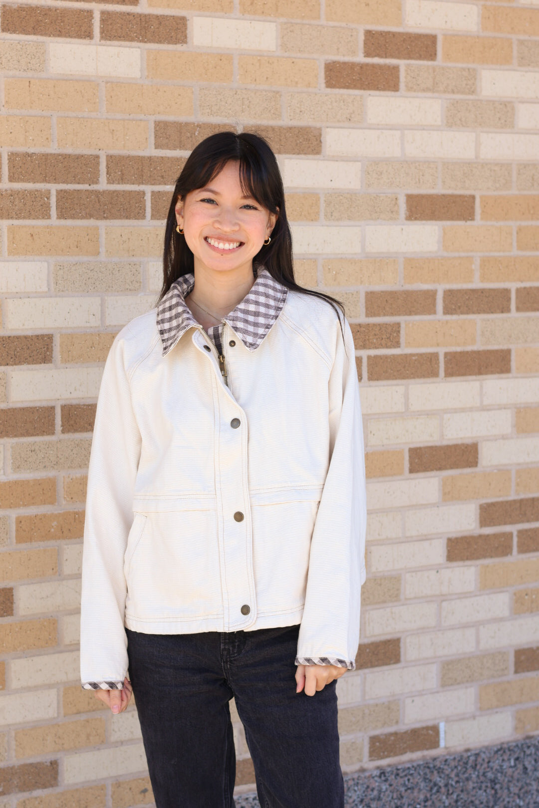 Cream Plaid Trim Jacket