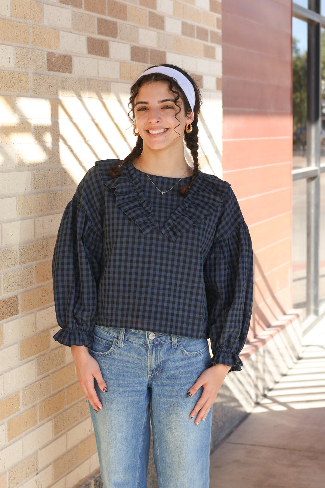 Navy Gingham Ruffle Top