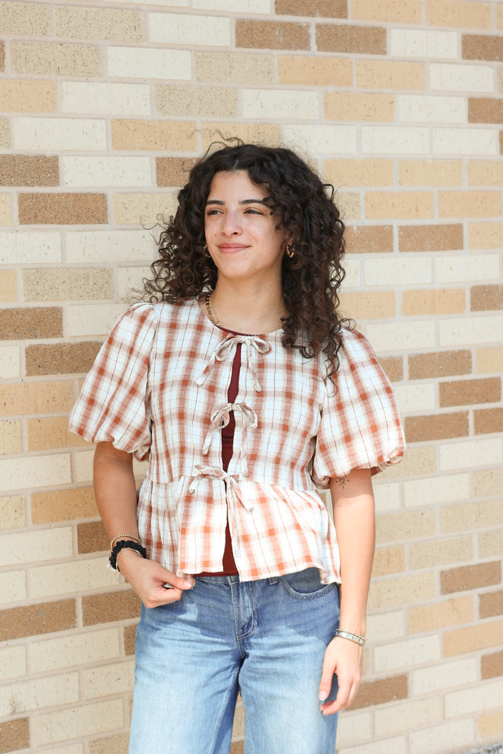 Brown Plaid Puff Sleeve Top