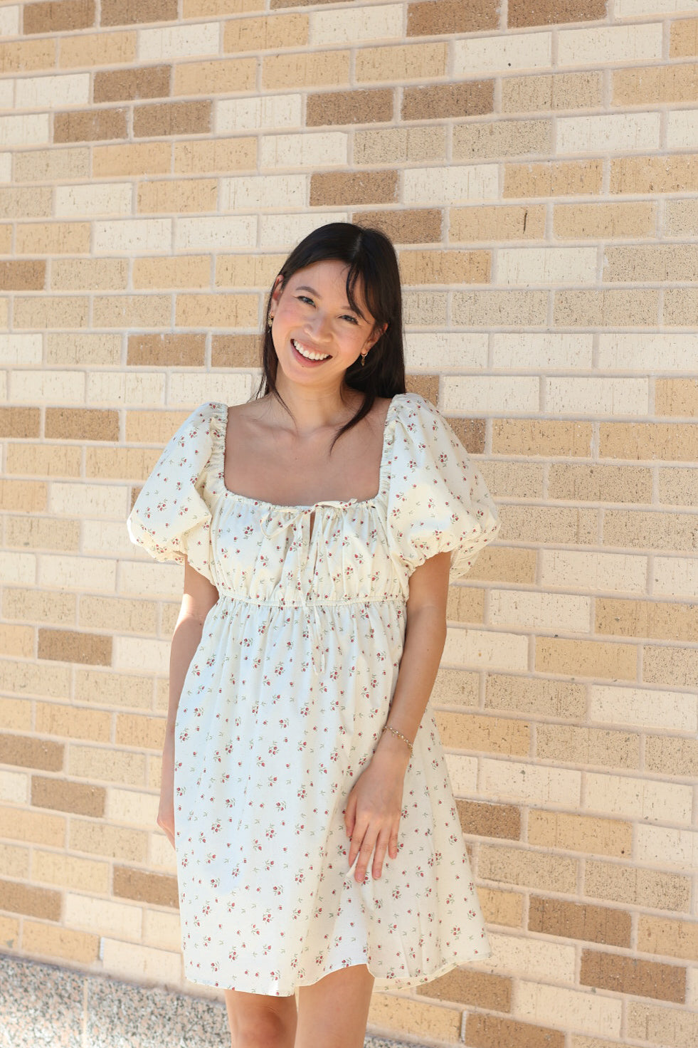 Cream Floral Bubble Sleeve Dress