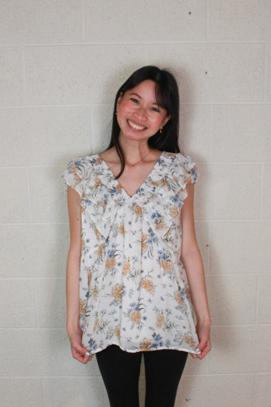 Floral V-Neck Ruffle Top