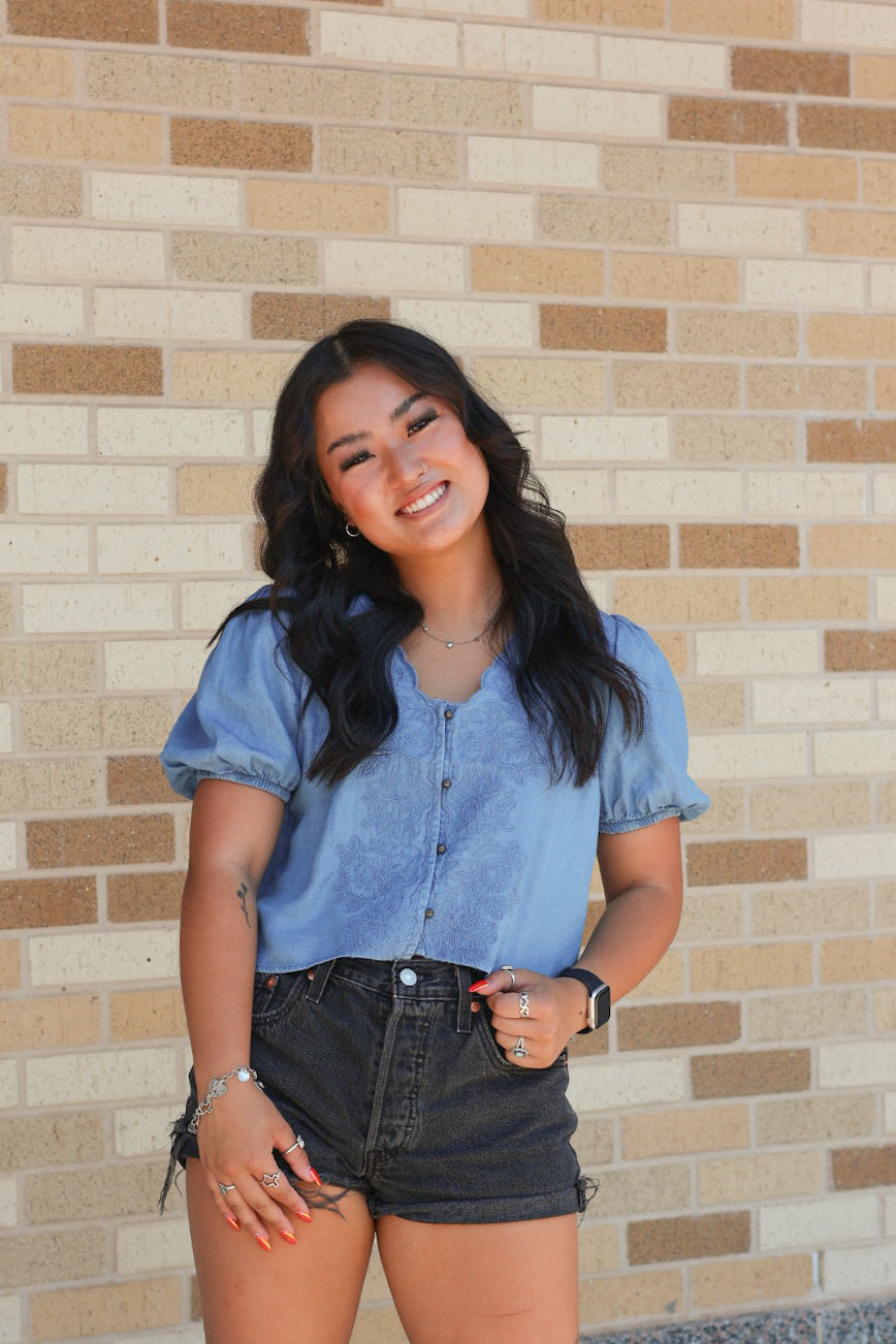 Chambray Embroidered Blouse