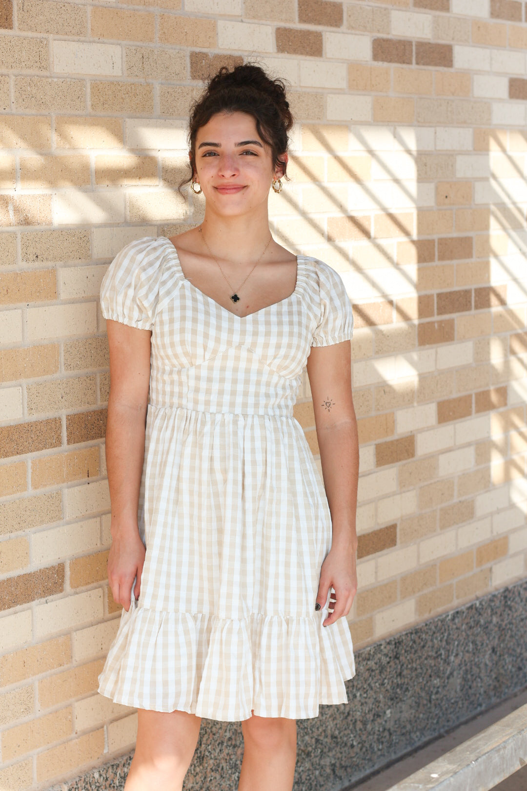 Beige Gingham Dress