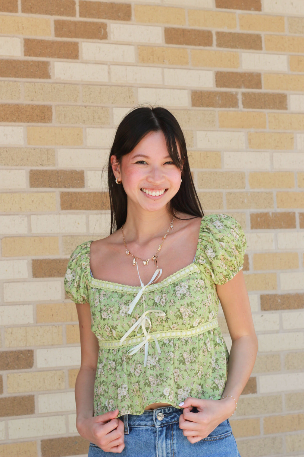 Green Floral Bow Top