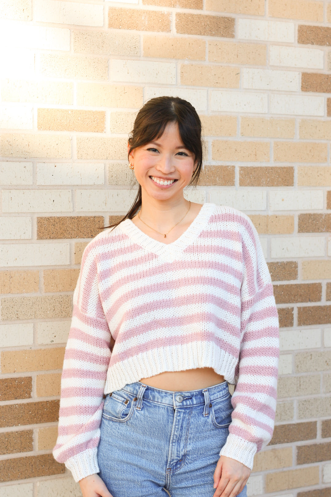 Pink Striped Cropped Sweater
