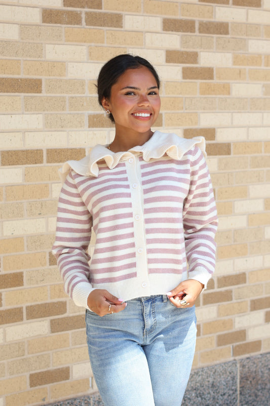 Mauve Striped Collar Cardigan