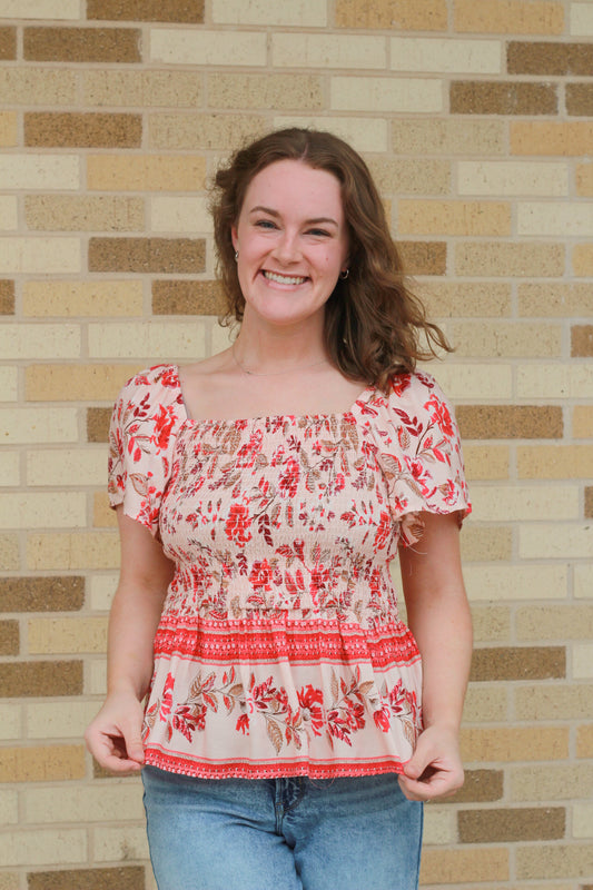 Peach Border Print Top