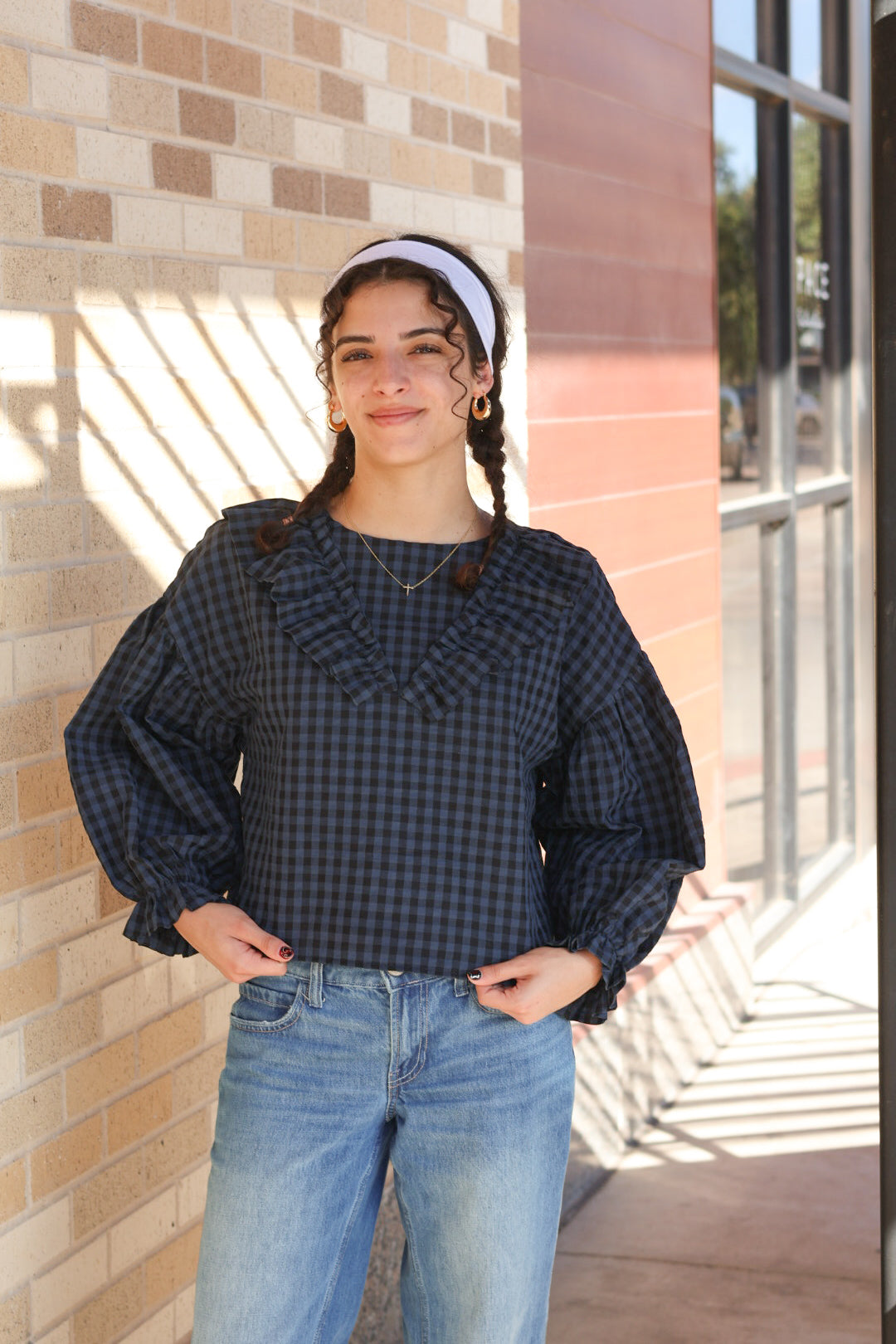 Navy Gingham Ruffle Top