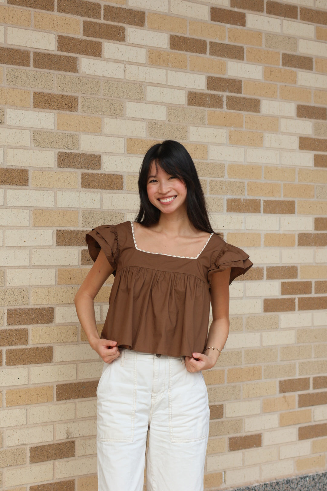 Brown Ruffle Sleeve Top