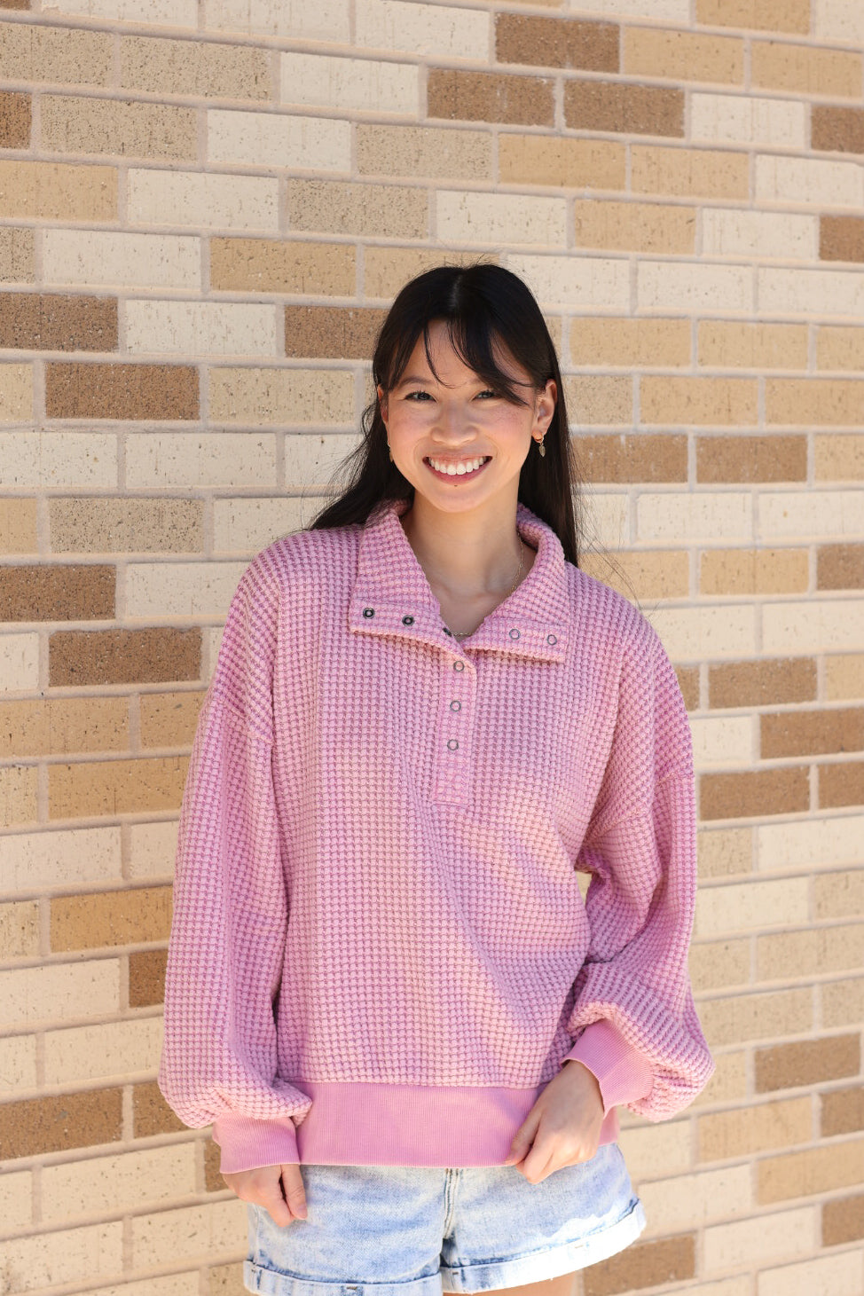 Pink Henley Waffle Sweatshirt