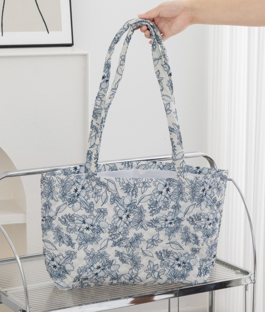 Blue Floral Quilted Tote Bag