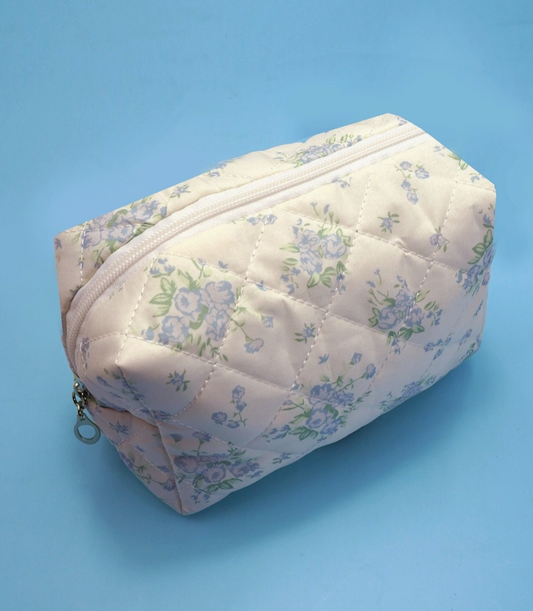 Cream & Blue Floral Quilted Pouch